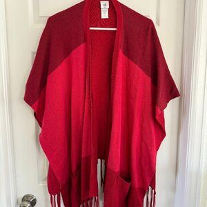 CAbi 3841 Firebrick Red Colorblock Fringe Poncho Wrap Cape Sweater Size: M/L